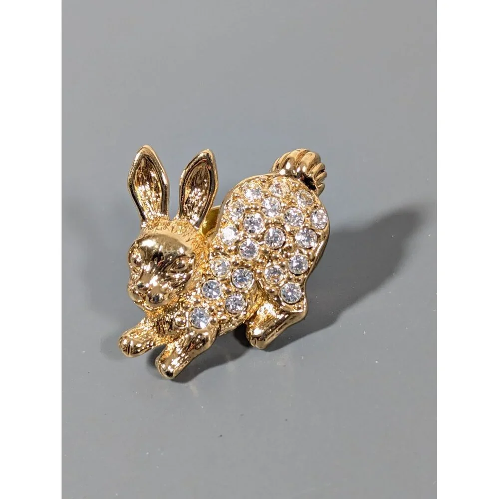 Vintage Avon Gold Tone‎ Bunny Rabbit Rhinestone Pave Tack Pin Brooch